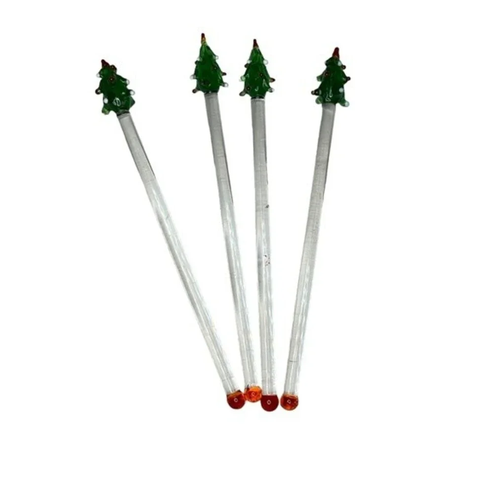 Vintage Set up 4 Glass Christmas Tree Swizzle Sticks
